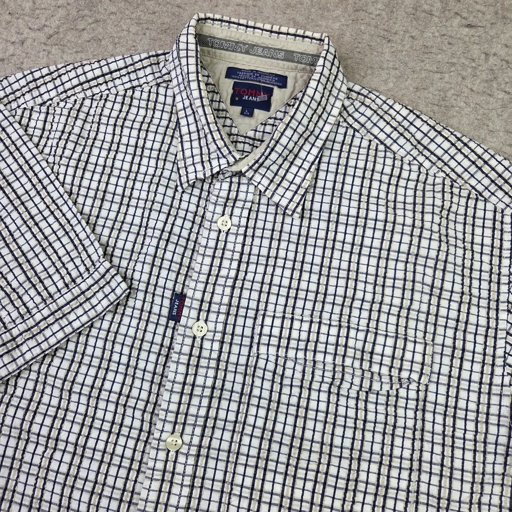 Tommy Hilfiger Seersucker Shirt Mens L Tan Plaid Short Sleeve Button Down